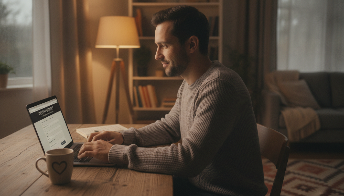 Mann füllt zuhause am Laptop das Anmeldeformular einer Partnervermittlung aus