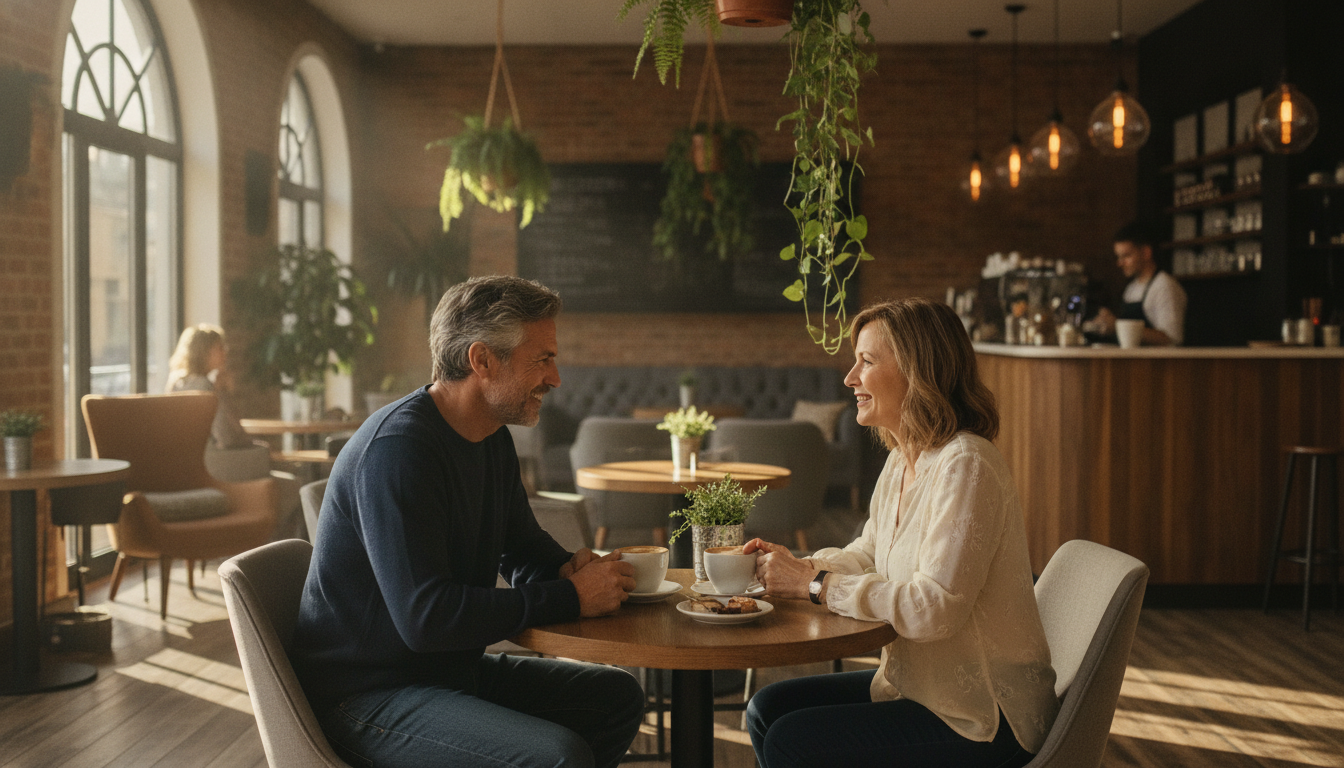Erstes Kennenlernen eines Paares bei Kaffee nach dem Matching der Partnervermittlung