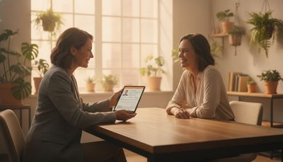 Beraterin und Kundin im persönlichen Gespräch bei der Partnervermittlung im Büro